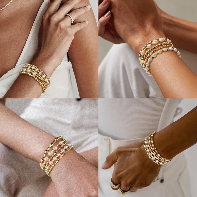 adoyi Gold Bracelets for Women Beaded Bracelet 14K Gold Plated Bracelet Stack Strand Stretch Bead Ball Bracelet Set Stackable Bracelet Adjustable Bracelet Set Jewelry for Gifts - Image 4